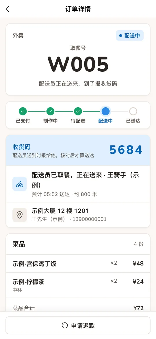 顾客端订单详情:外卖取餐号 W005、配送进度、4 位收货码和配送员