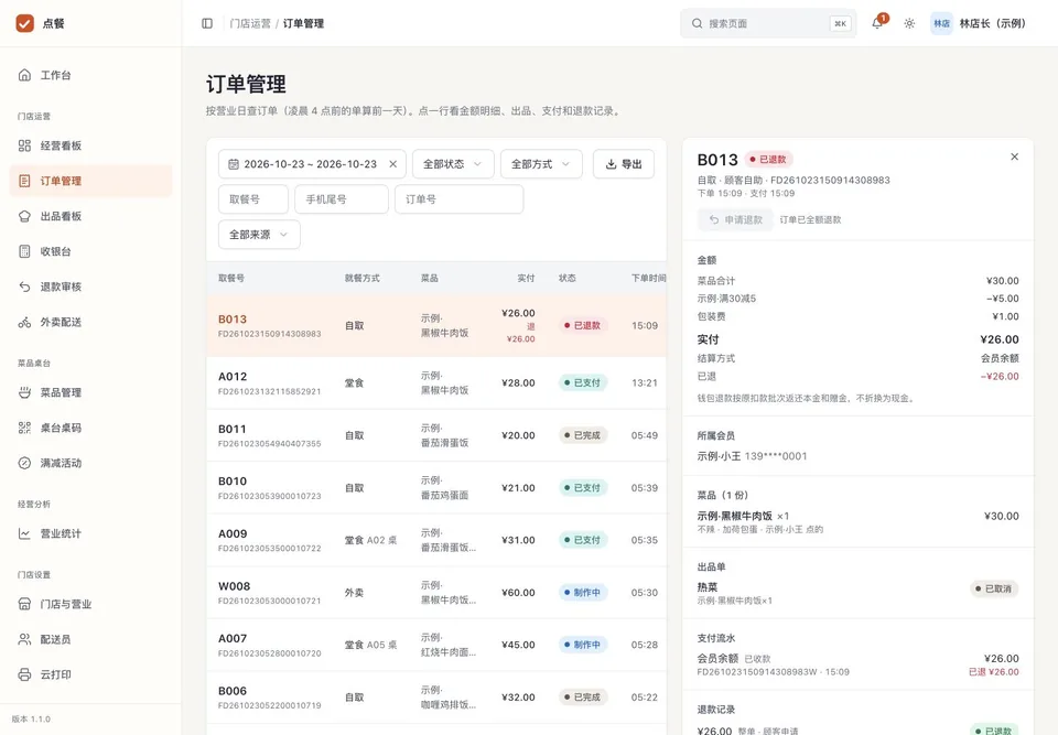1.1.0订单管理实拍:B013自取单优惠券减5元、余额支付26元及全额退款详情,均为虚构演示记录