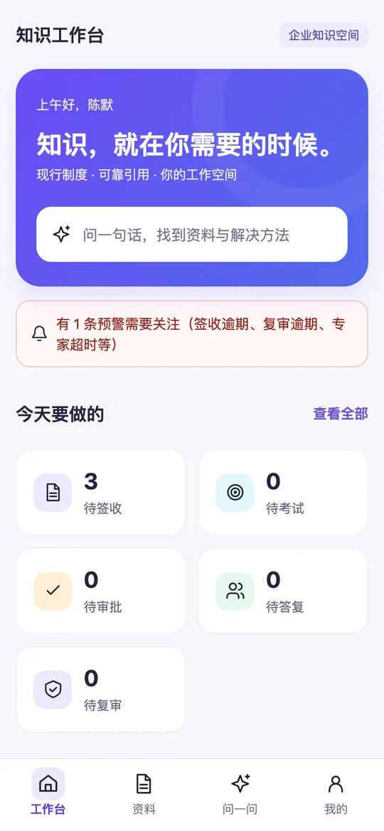 企业AI知识库 1.0.0 员工手机端实拍：一句话提问入口、预警提醒和今天要做的签收审批，虚构演示数据