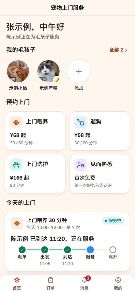 客户端首页：我的毛孩子、四个服务项目和今天的上门进度