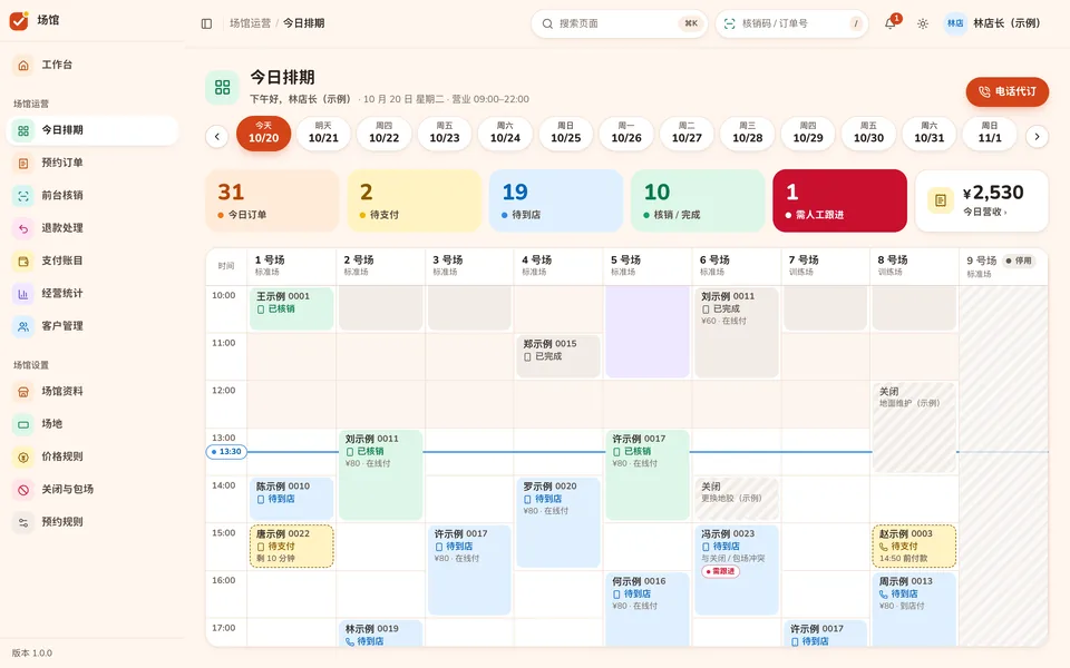 今日排期：场地为列、时间为行，订单块、包场、临时关闭和“现在”线